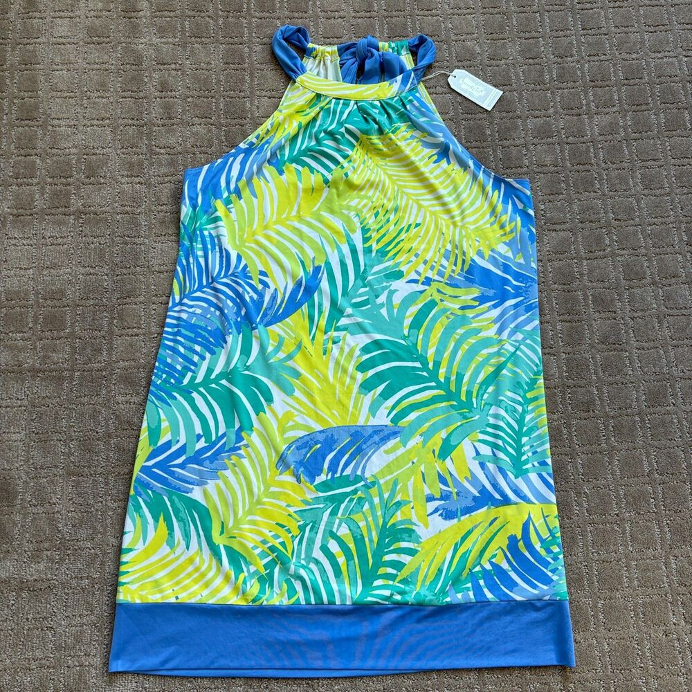 Mud Pie Halter Shift Dress Women L Leaf Tropical Neck Tie Pullover Colorful NWT